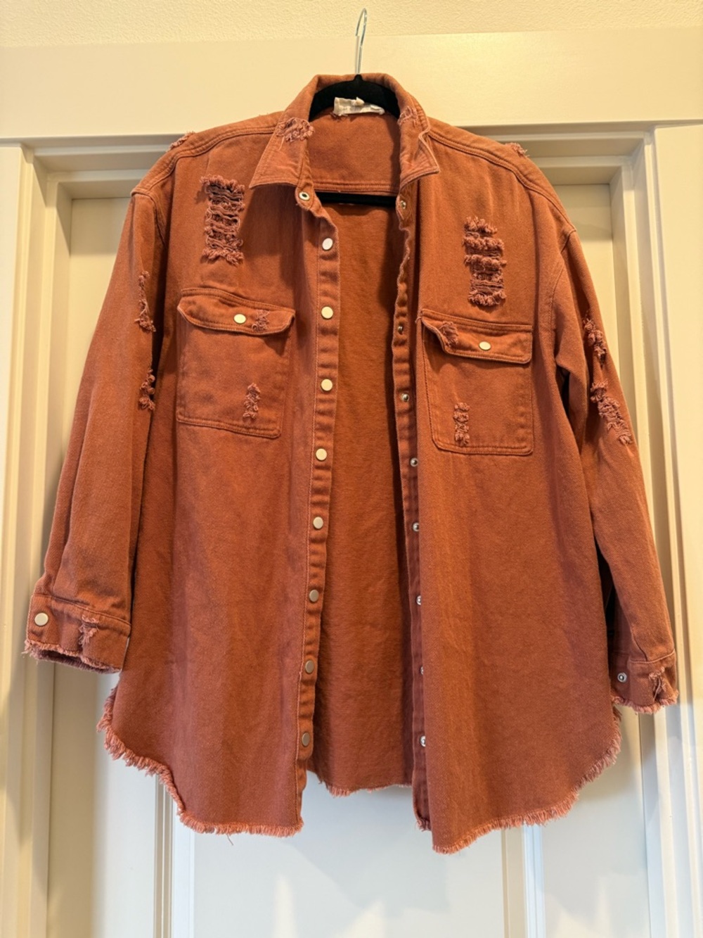 Heyday Rust Red Distressed Overshirt Denim Jacket - Women